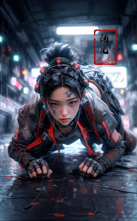 606247209521968573-2093789450-CG masterpiece, 3D Chinese girl, angelic face, techno-cool style, dressed in cyberpunk mixed with Chinese style clothing, crouch.jpg